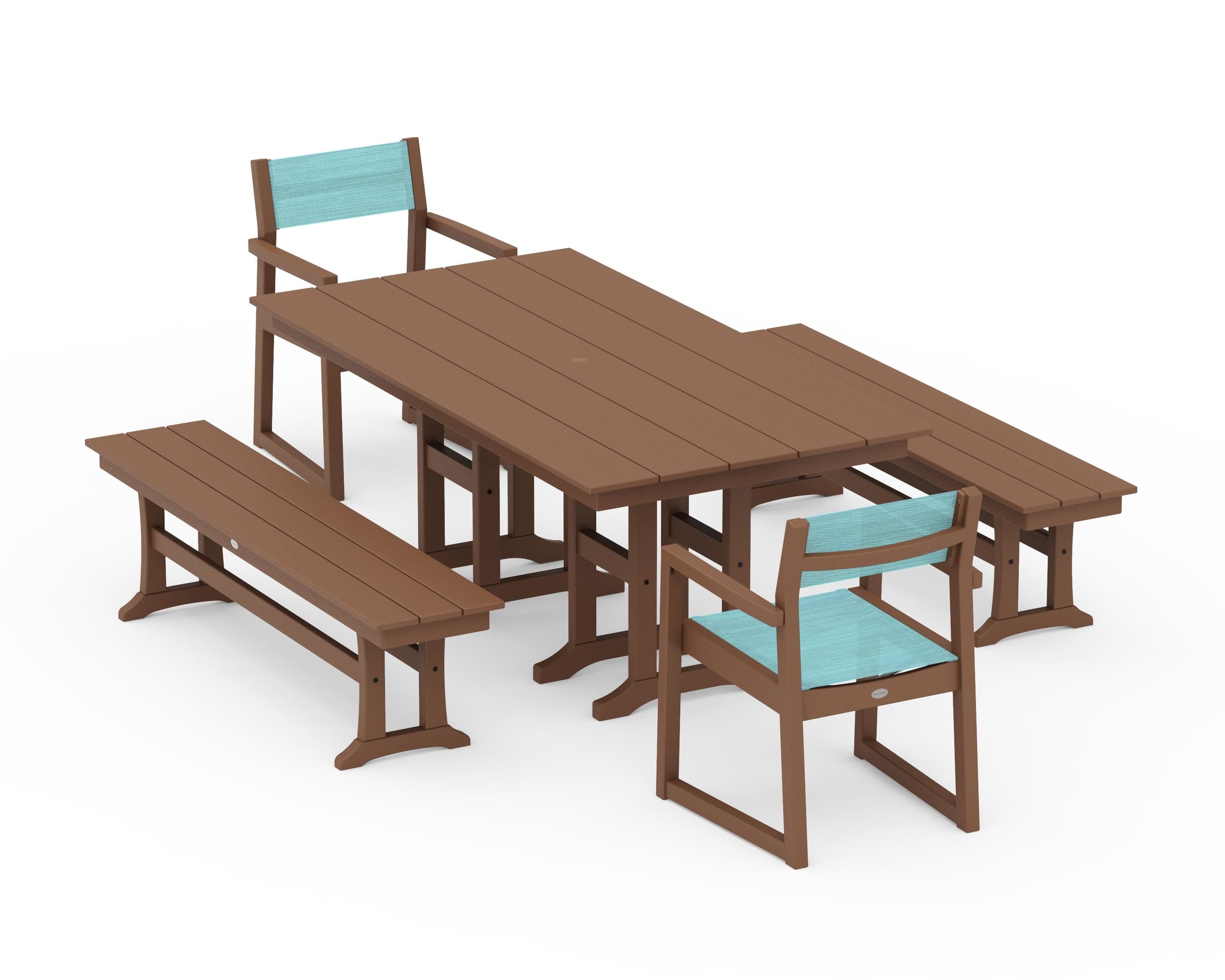 POLYWOOD® EDGE Sling Arm Chair 5-Piece Farmhouse Dining Set with Benches in Teak / Dupioni Aquamarine Sling