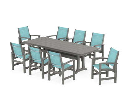 POLYWOOD® Coastal 9-Piece Farmhouse Dining Set with Trestle Legs in Slate Grey / Dupioni Aquamarine Sling