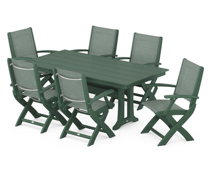 POLYWOOD® Coastal Folding Arm Chair 7-Piece Farmhouse Dining Set with Trestle Legs in Green / Dupioni Sea Mist Sling
