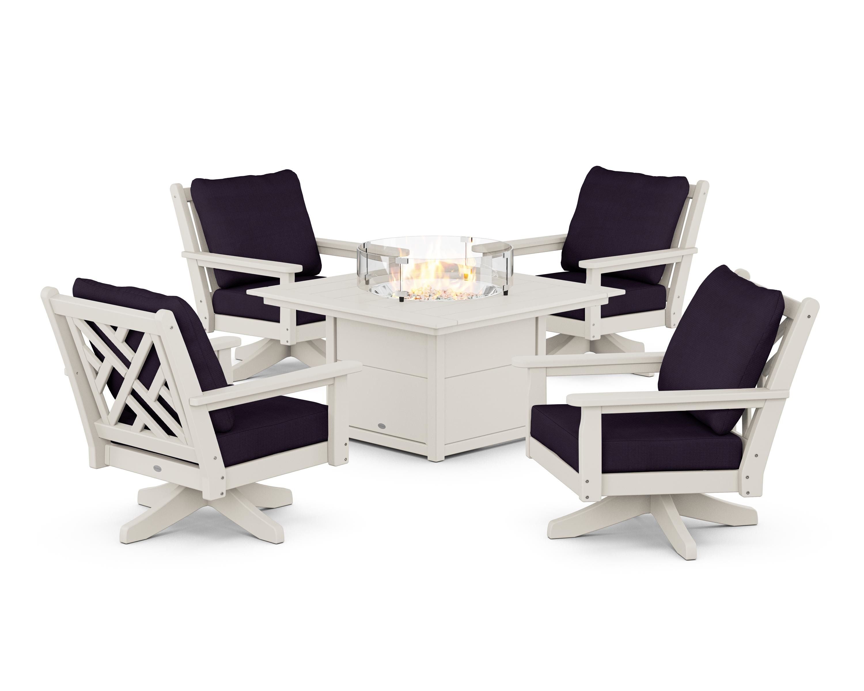 POLYWOOD® Chippendale 5-Piece Deep Seating Swivel Conversation Set with Fire Pit Table in Sand / Navy Linen