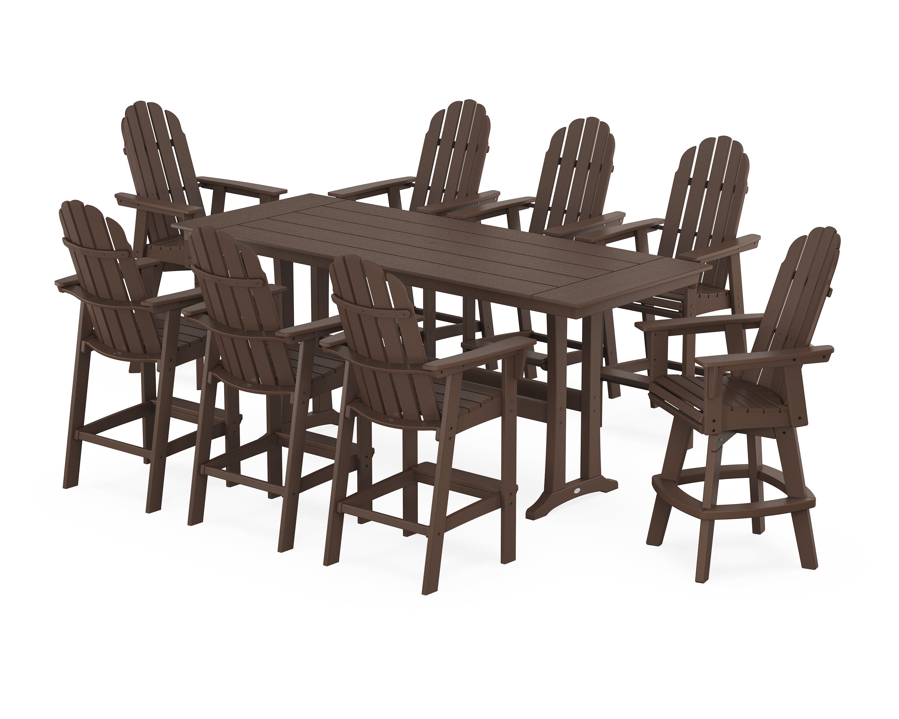 POLYWOOD® Vineyard Curveback Adirondack Swivel 9-Piece Farmhouse Bar Set with Trestle Legs in Mahogany