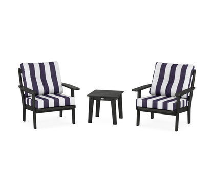POLYWOOD® Prairie 3-Piece Deep Seating Set in Black / Cabana Stripe Navy