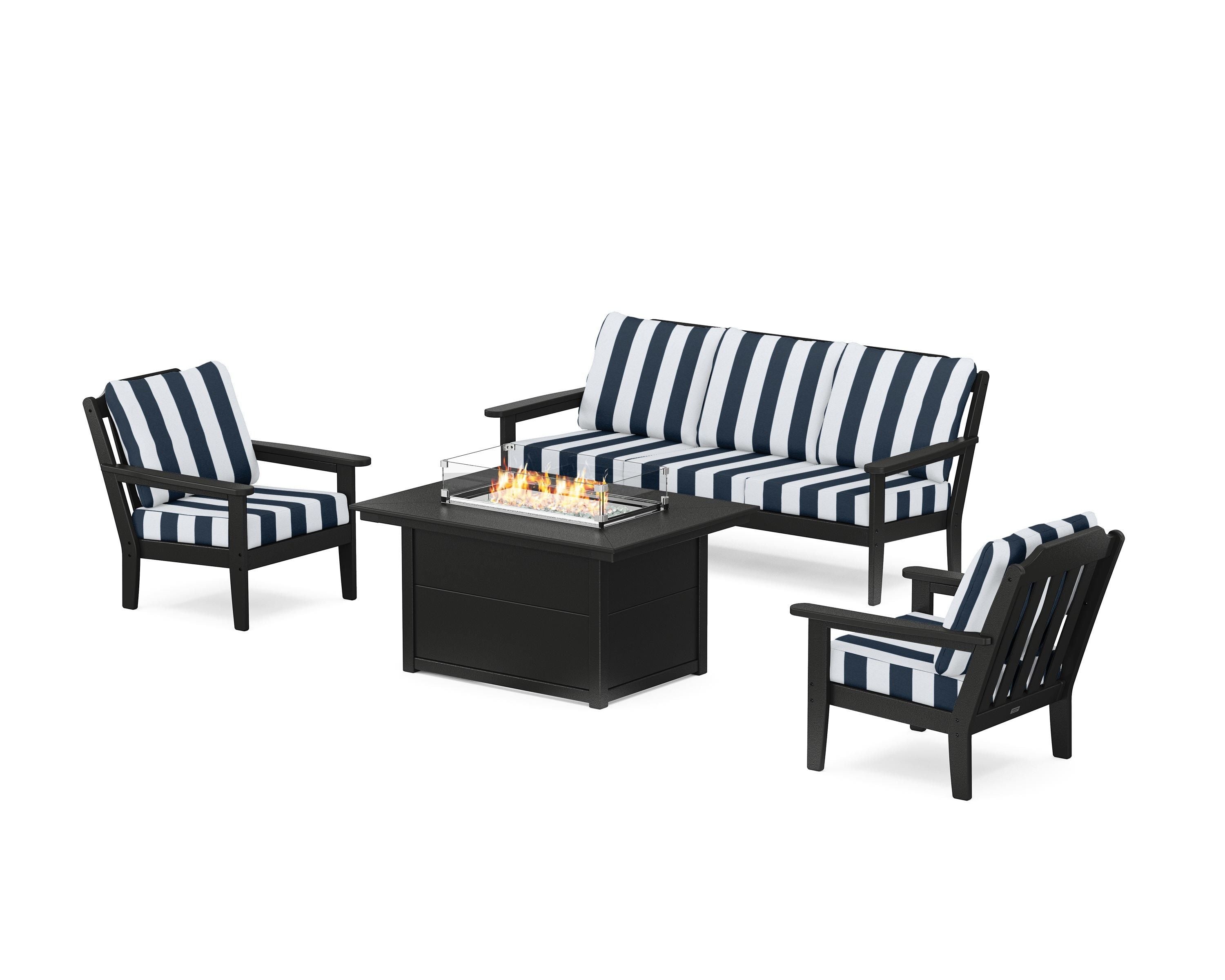 Country Living Cottage Deep Seating Fire Pit Table Set in Black / Cabana Stripe Marine Indigo