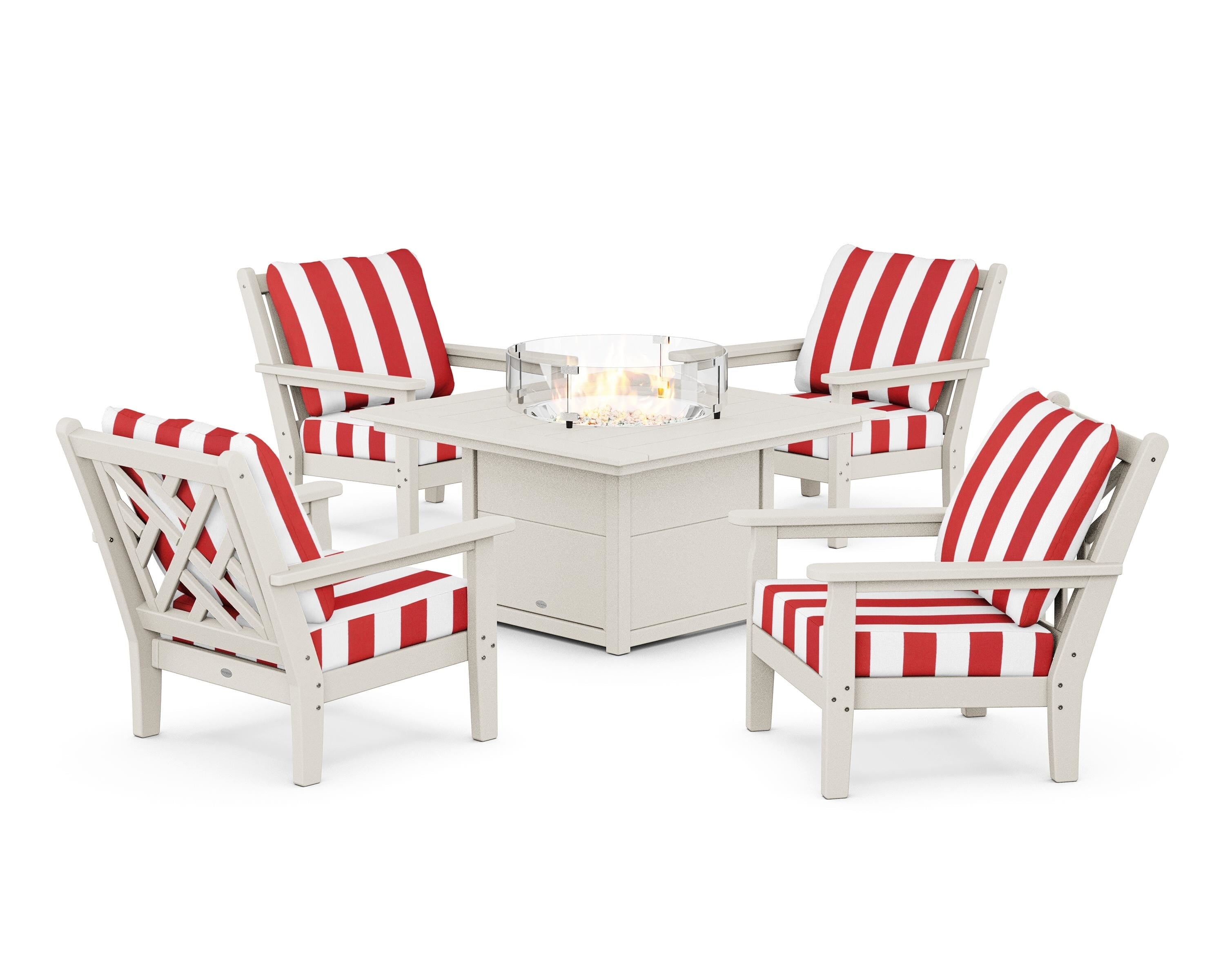 POLYWOOD® Chippendale 5-Piece Deep Seating Set with Fire Pit Table in Sand / Cabana Stripe Crimson