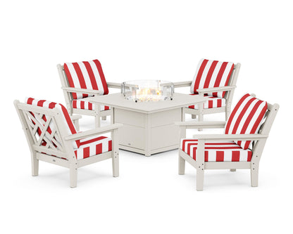 POLYWOOD® Chippendale 5-Piece Deep Seating Set with Fire Pit Table in Sand / Cabana Stripe Crimson