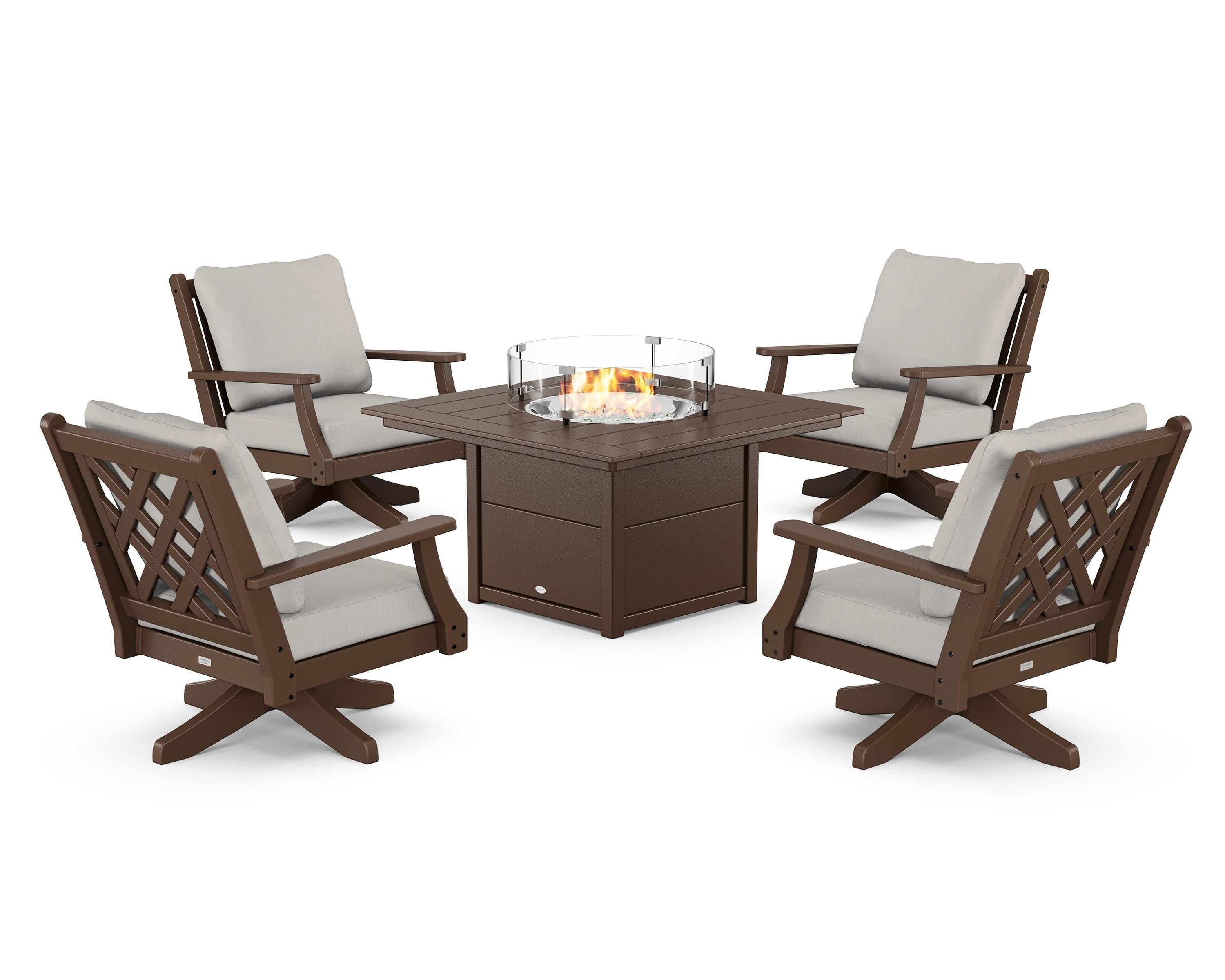 Country Living Wovendale 5-Piece Deep Seating Swivel Conversation Set with Fire Pit Table in Mahogany / Cast Ash