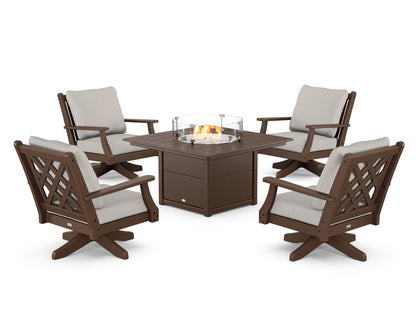 Country Living Wovendale 5-Piece Deep Seating Swivel Conversation Set with Fire Pit Table in Mahogany / Cast Ash