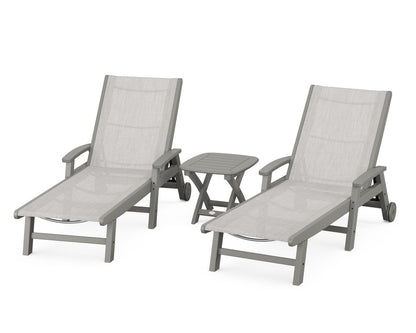 POLYWOOD® Coastal 3-Piece Wheeled Chaise Set in Slate Grey / Parchment Sling