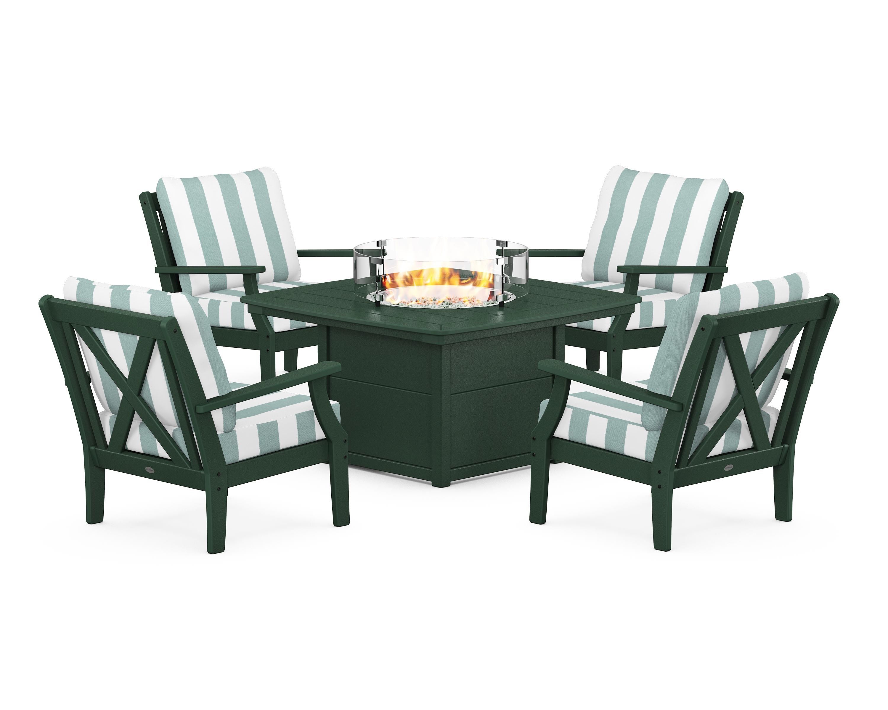 POLYWOOD® Braxton 5-Piece Deep Seating Conversation Set with Fire Pit Table in Green / Cabana Stripe Glacier Spa