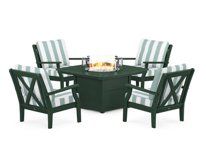 POLYWOOD® Braxton 5-Piece Deep Seating Conversation Set with Fire Pit Table in Green / Cabana Stripe Glacier Spa