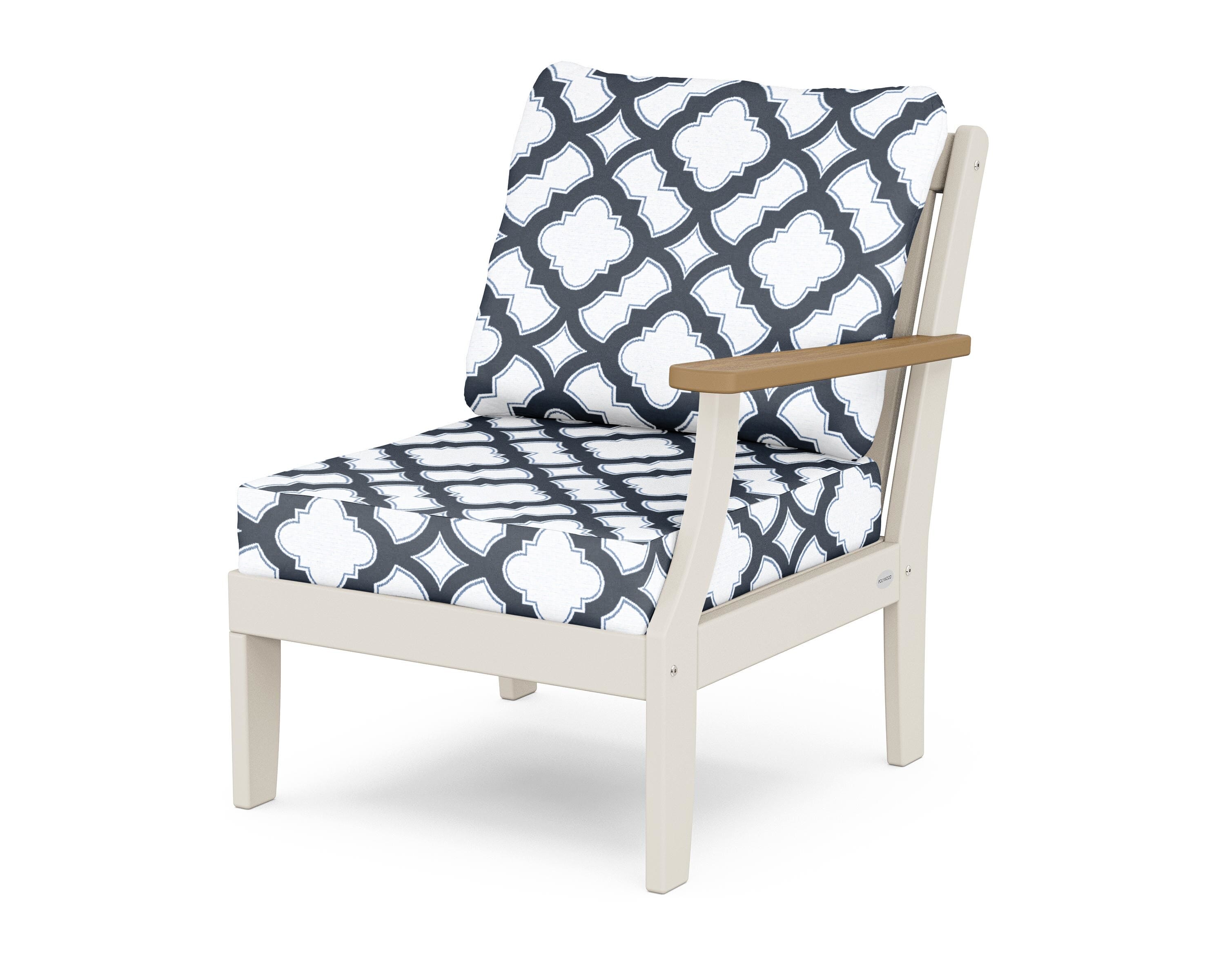 POLYWOOD® Braxton Modular Right Arm Chair in Sand / Natural / Trellis Marine Indigo