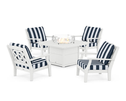 Martha Stewart by POLYWOOD® Chinoiserie 5-Piece Deep Seating Set with Fire Pit Table in White / Cabana Stripe Marine Indigo