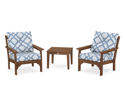 POLYWOOD® Vineyard 3-Piece Deep Seating Set in Teak / Trellis Sky Blue