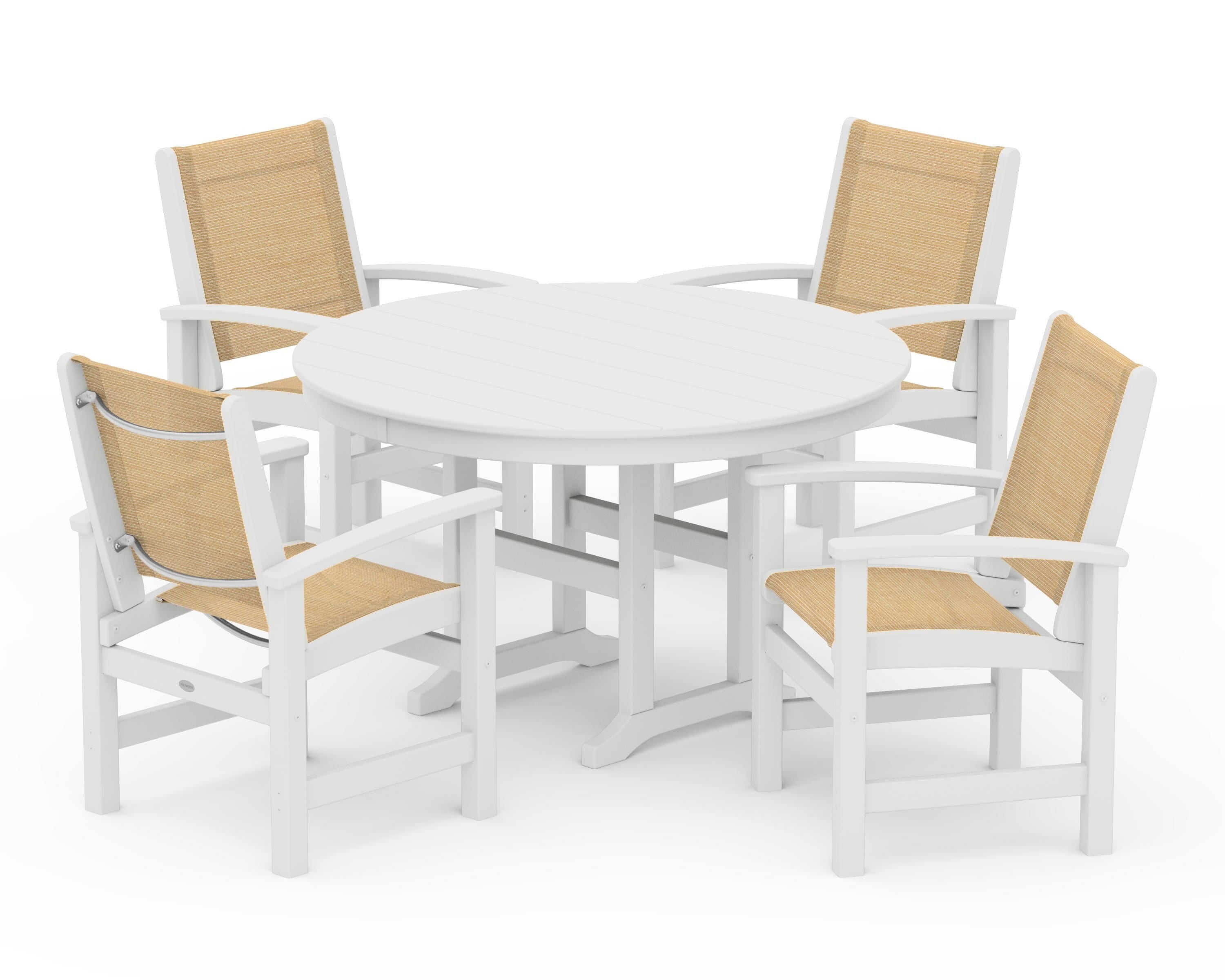 POLYWOOD® Coastal 5-Piece Round Farmhouse Dining Set in White / Dupioni Apricot Sling