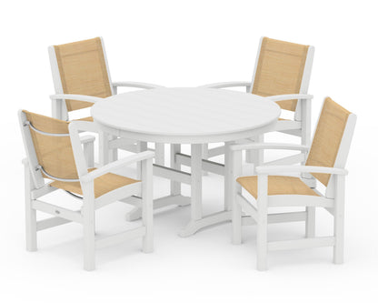 POLYWOOD® Coastal 5-Piece Round Farmhouse Dining Set in White / Dupioni Apricot Sling