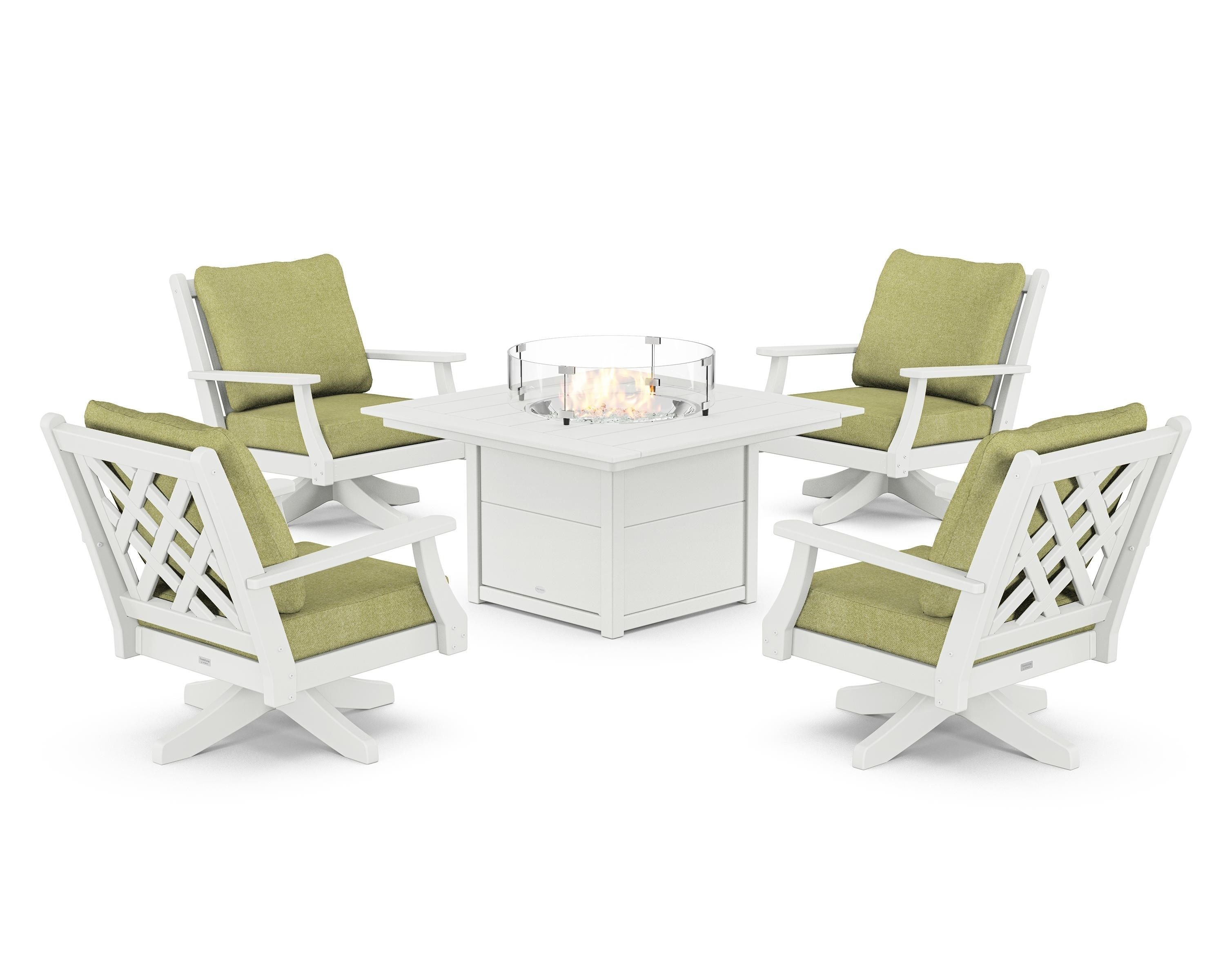 Country Living Wovendale 5-Piece Deep Seating Swivel Conversation Set with Fire Pit Table in White / Chartreuse Boucle