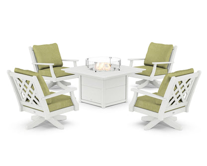 Country Living Wovendale 5-Piece Deep Seating Swivel Conversation Set with Fire Pit Table in White / Chartreuse Boucle