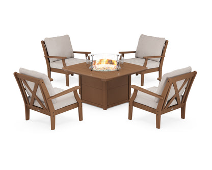 POLYWOOD® Braxton 5-Piece Deep Seating Conversation Set with Fire Pit Table in Teak / Dune Burlap