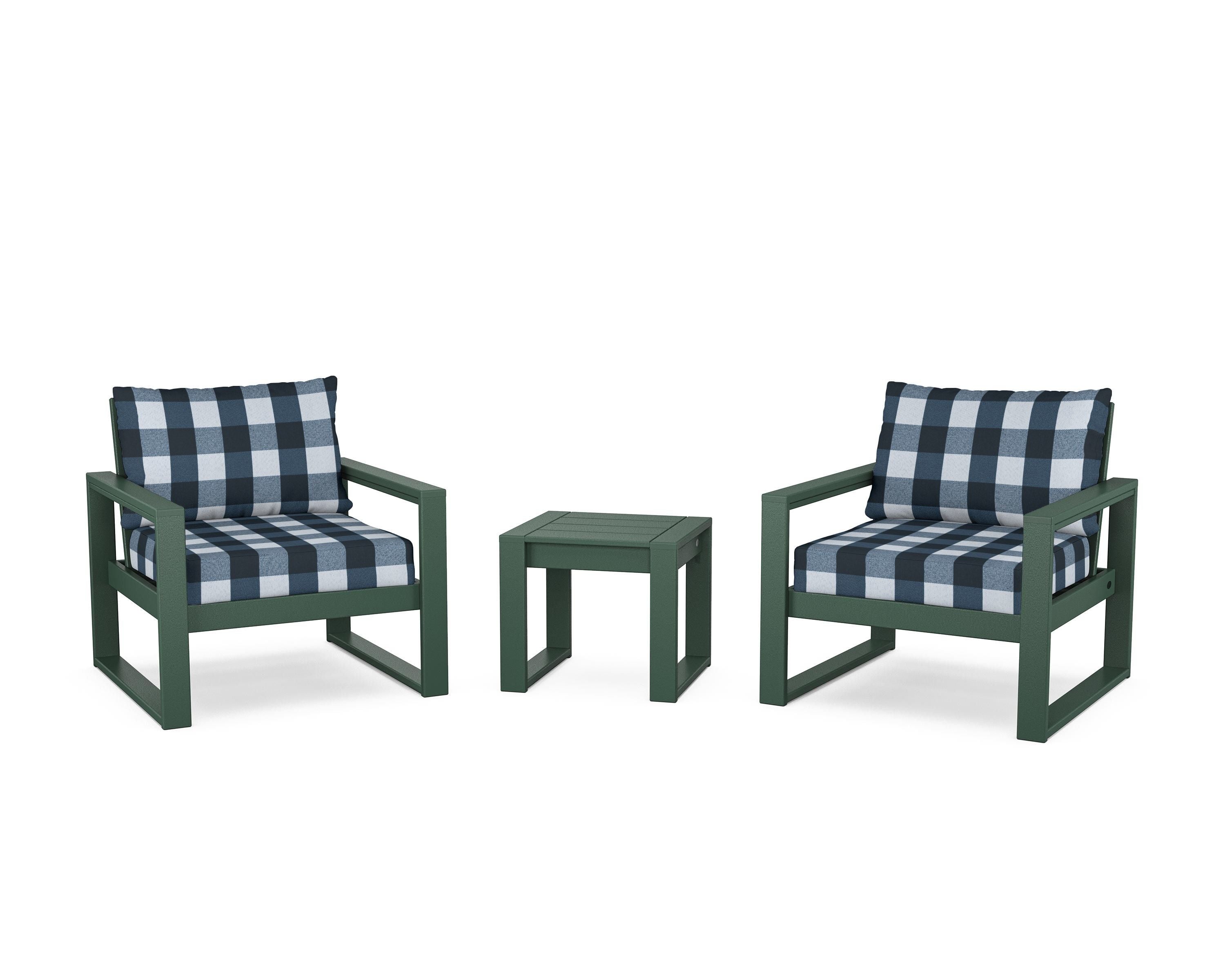 POLYWOOD® EDGE Sectional 3-Piece Deep Seating Set in Green / Buffalo Plaid Marine Indigo