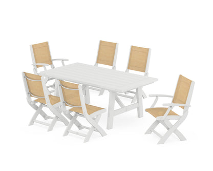 POLYWOOD® Coastal Folding Chair 7-Piece Rustic Farmhouse Dining Set in White / Dupioni Apricot Sling