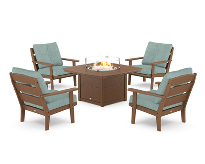 POLYWOOD® Lakeside 5-Piece Deep Seating Set with Nautical Fire Pit Table in Teak / Glacier Spa