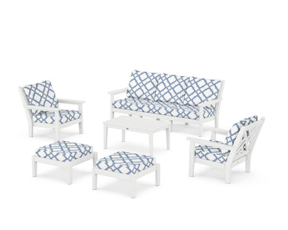 POLYWOOD® Chippendale 6-Piece Lounge Sofa Set in White / Trellis Sky Blue