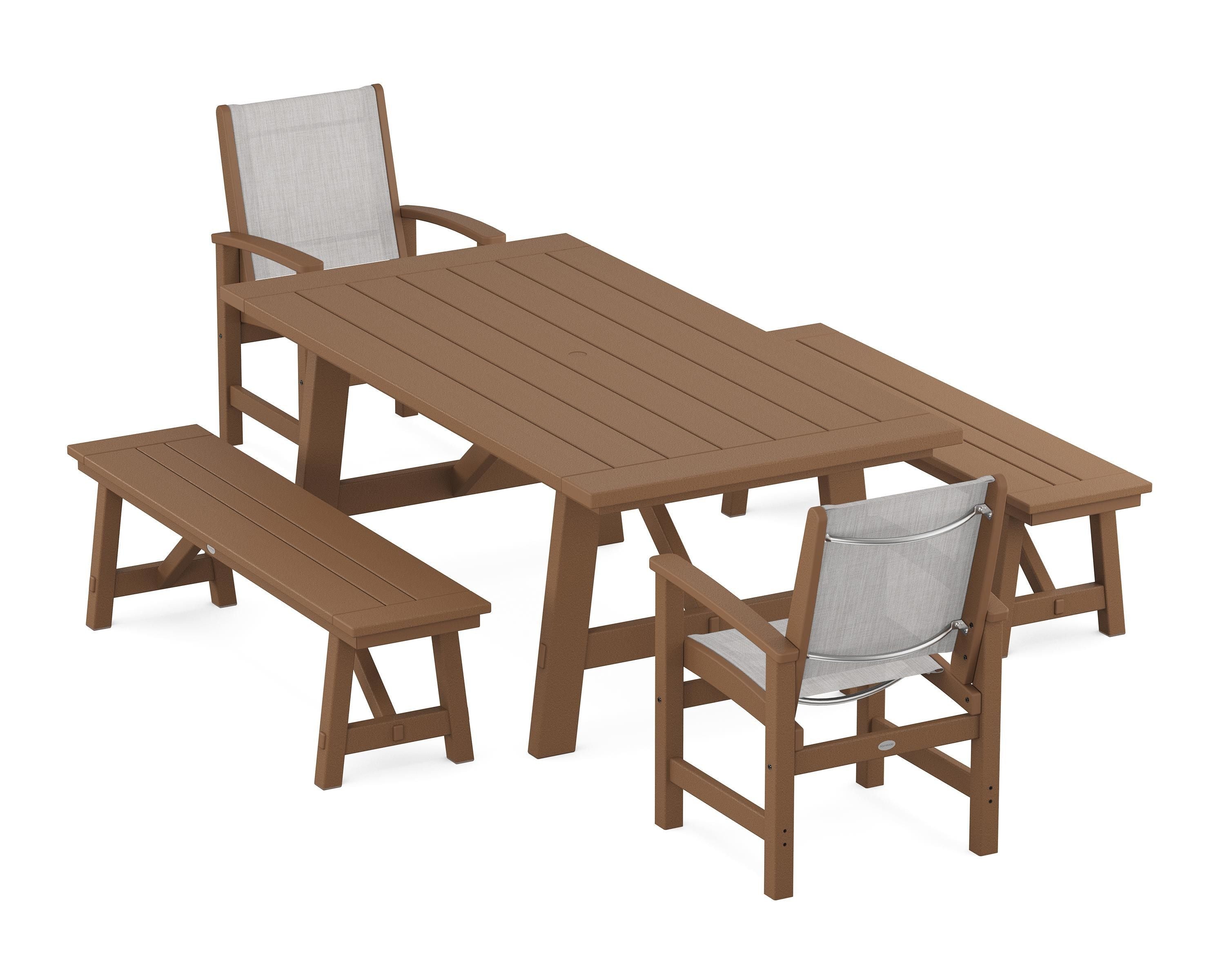 POLYWOOD® Coastal 5-Piece Rustic Farmhouse Dining Set With Benches in Teak / Parchment Sling