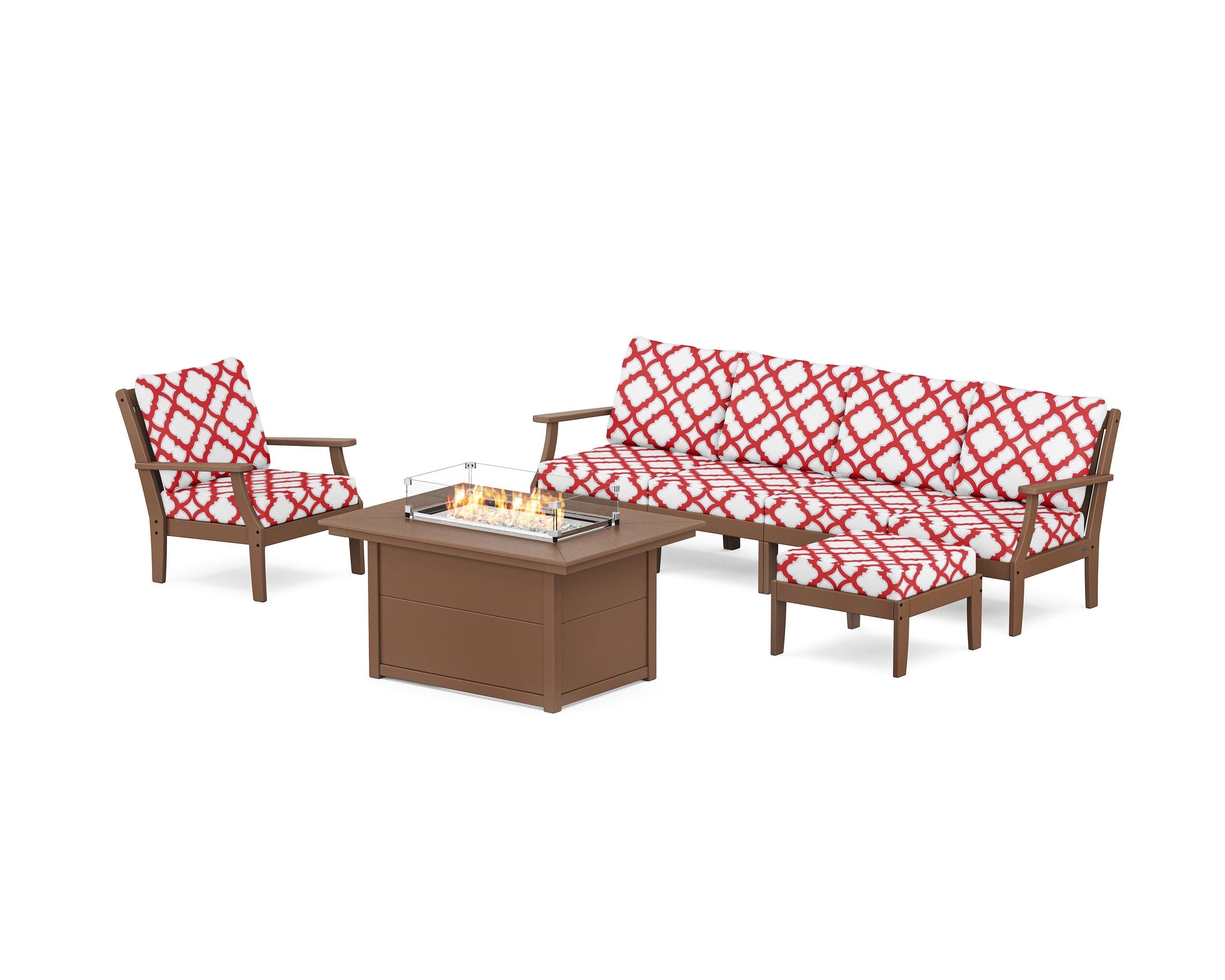 POLYWOOD® Braxton Sectional Lounge and Fire Pit Set in Teak / Trellis Crimson