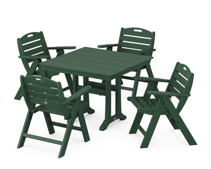 POLYWOOD® Nautical Folding Lowback Chair 5-Piece Farmhouse Dining Set With Trestle Legs in Green