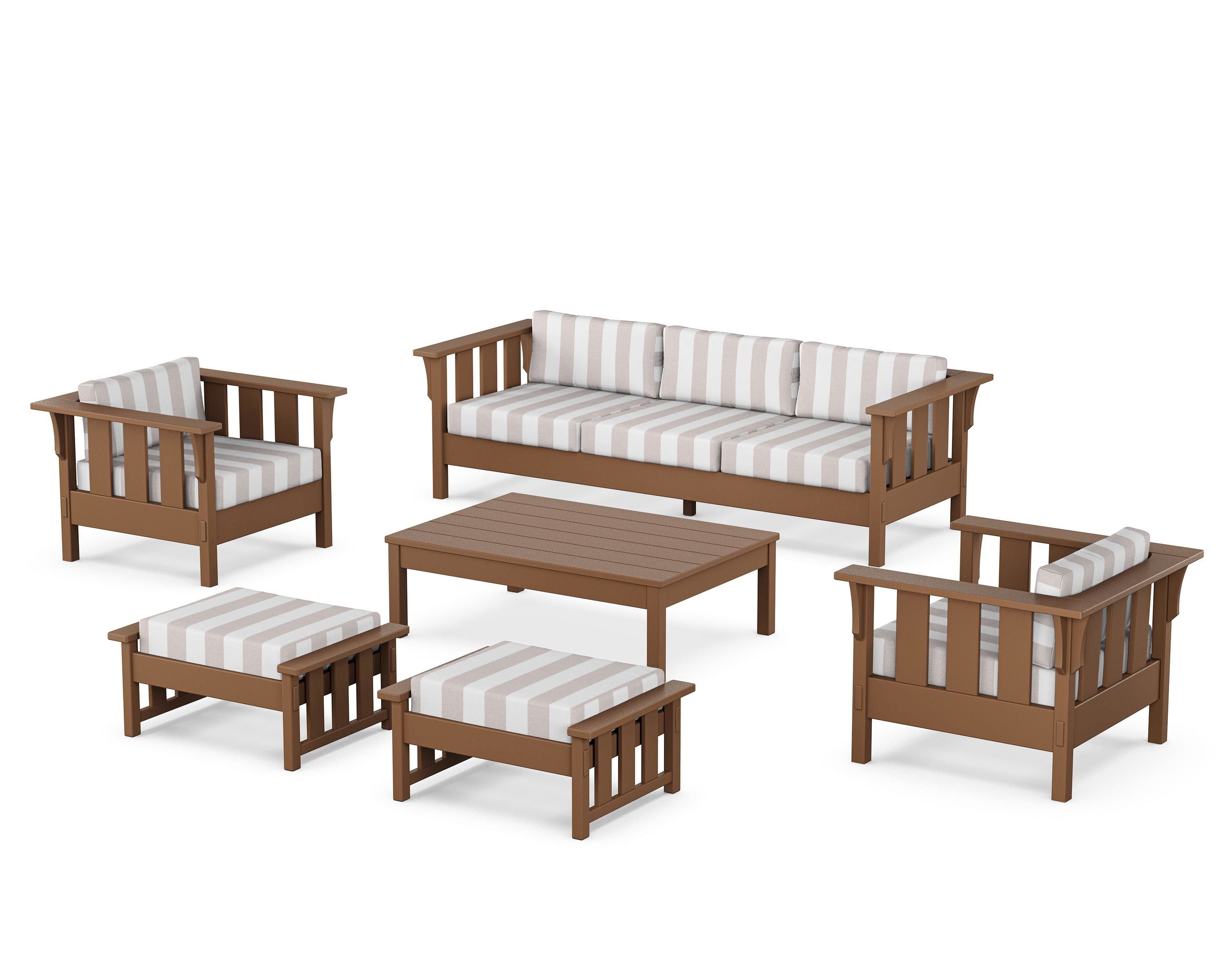 Martha Stewart by POLYWOOD® Acadia 6-Piece Lounge Sofa Set in Teak / Cabana Stripe Dune Burlap