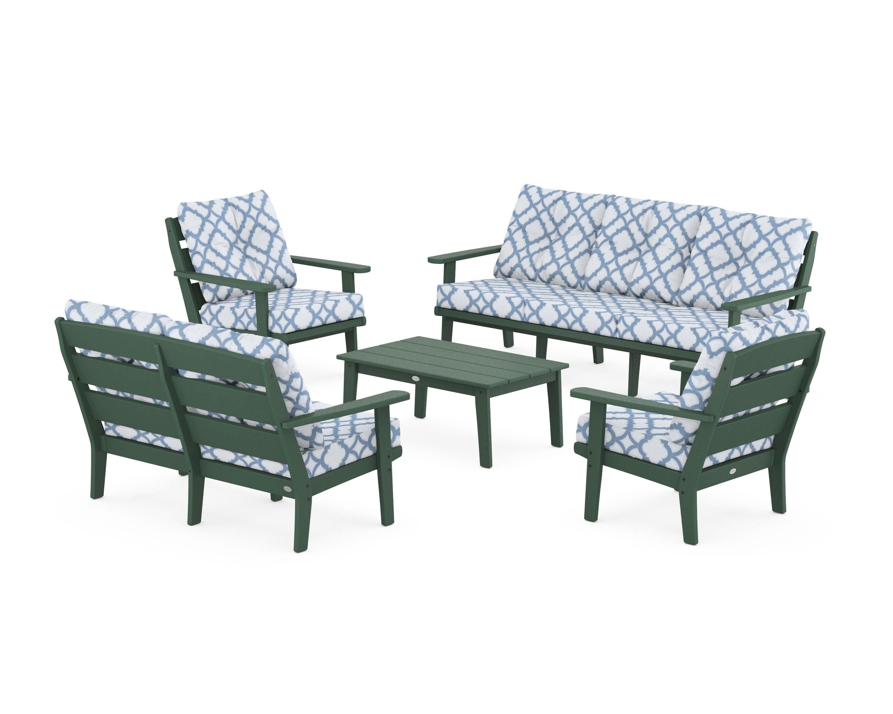 POLYWOOD® Lakeside 5-Piece Lounge Sofa Set in Green / Trellis Sky Blue
