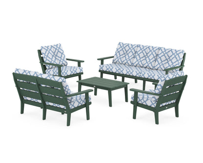 POLYWOOD® Lakeside 5-Piece Lounge Sofa Set in Green / Trellis Sky Blue