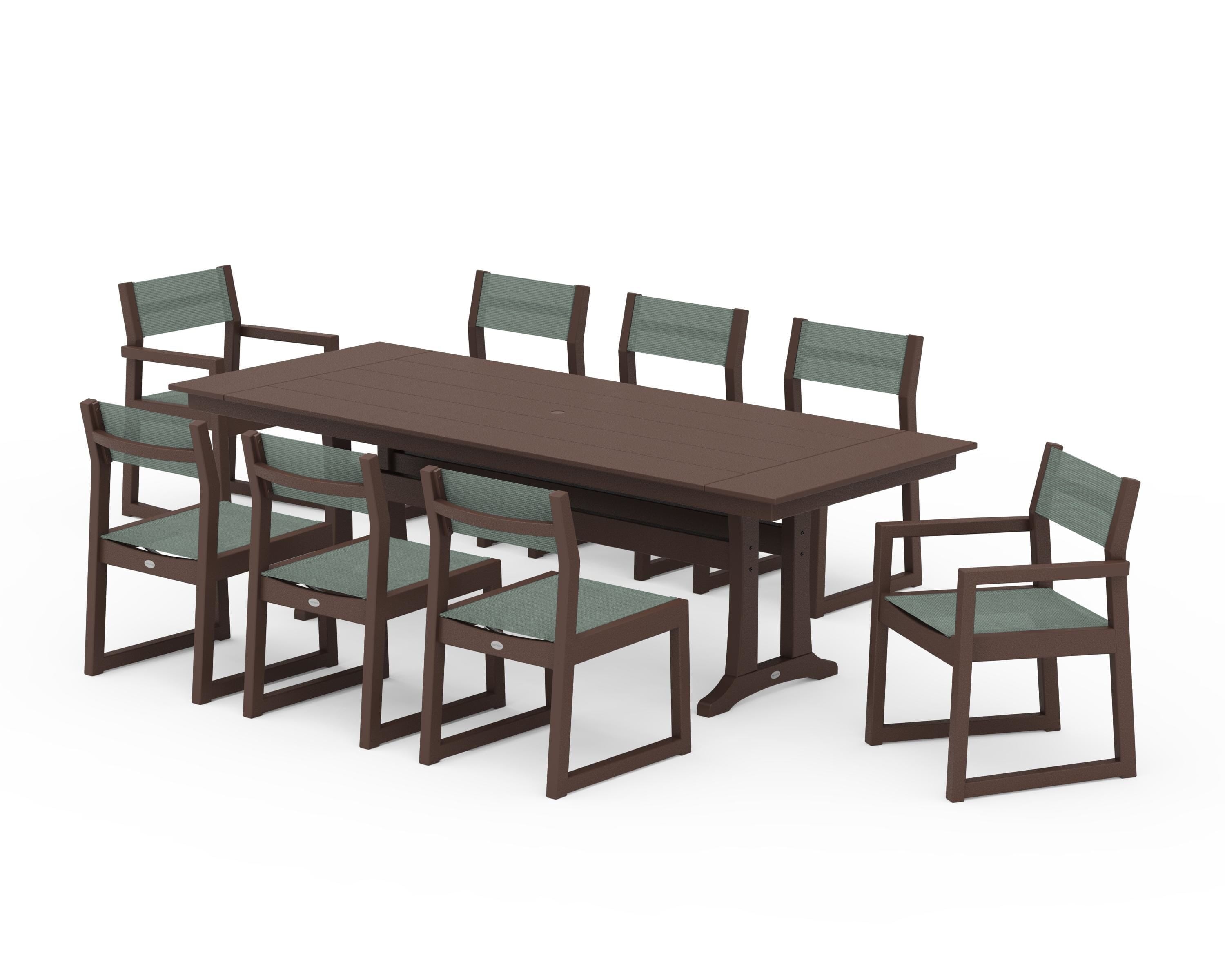 POLYWOOD® EDGE Sling 9-Piece Farmhouse Trestle Dining Set in Mahogany / Dupioni Sea Mist Sling