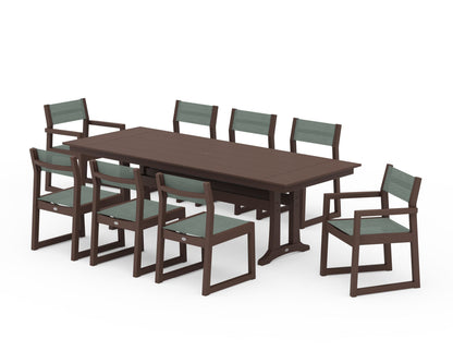 POLYWOOD® EDGE Sling 9-Piece Farmhouse Trestle Dining Set in Mahogany / Dupioni Sea Mist Sling