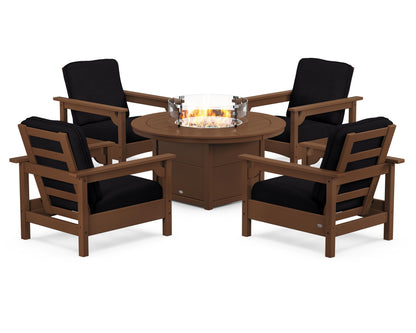 POLYWOOD® Club 5-Piece Conversation Set with Fire Pit Table in Teak / Midnight Linen