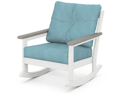 POLYWOOD® Vineyard Deep Seating Rocking Chair in White / Driftwood / Lattice Sky Blue