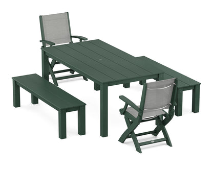POLYWOOD® Coastal Folding Chair 5-Piece Parsons Dining Set with Benches in Green / Metallic Sling