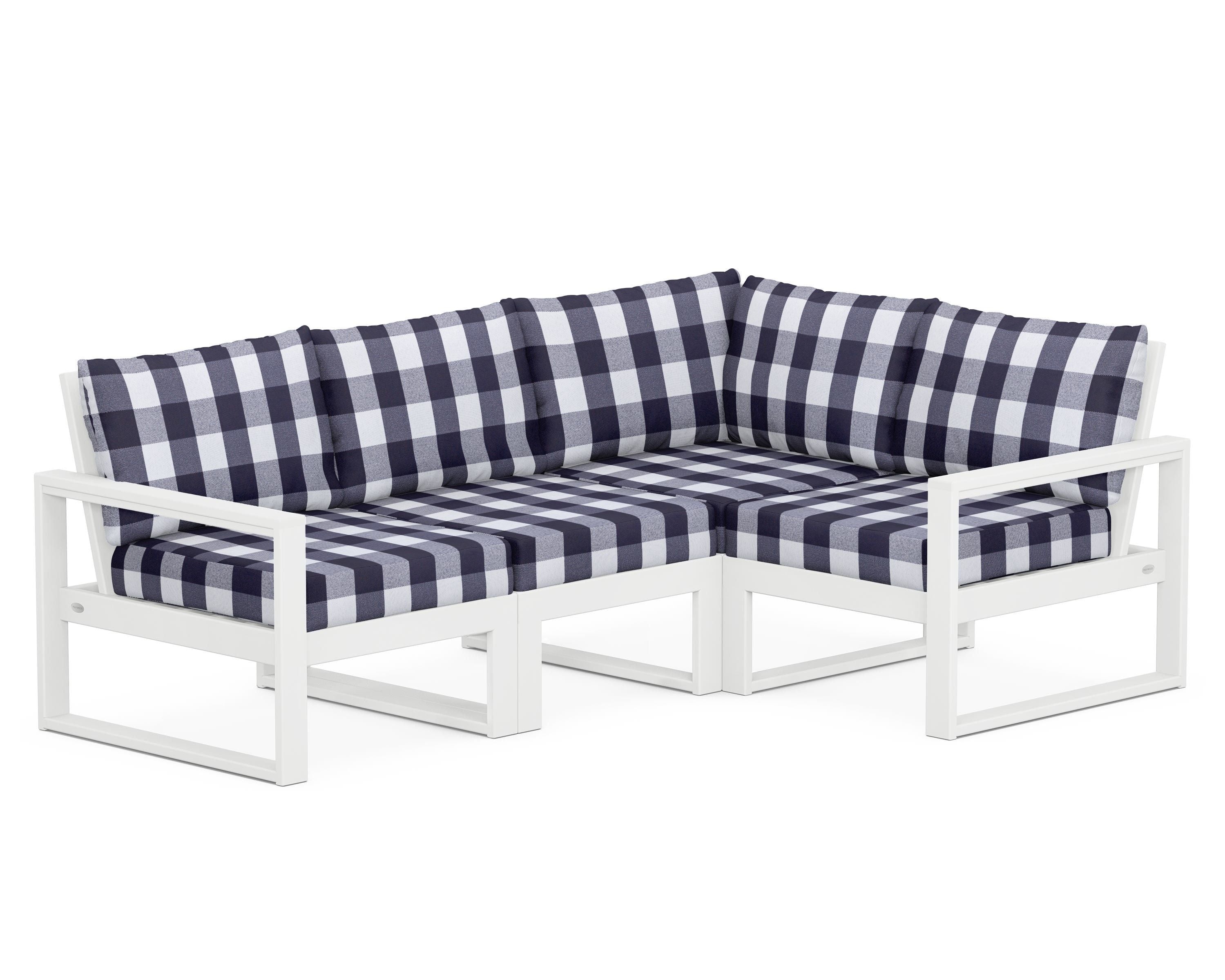 POLYWOOD® EDGE 4-Piece Modular Deep Seating Set in White / Buffalo Plaid Navy