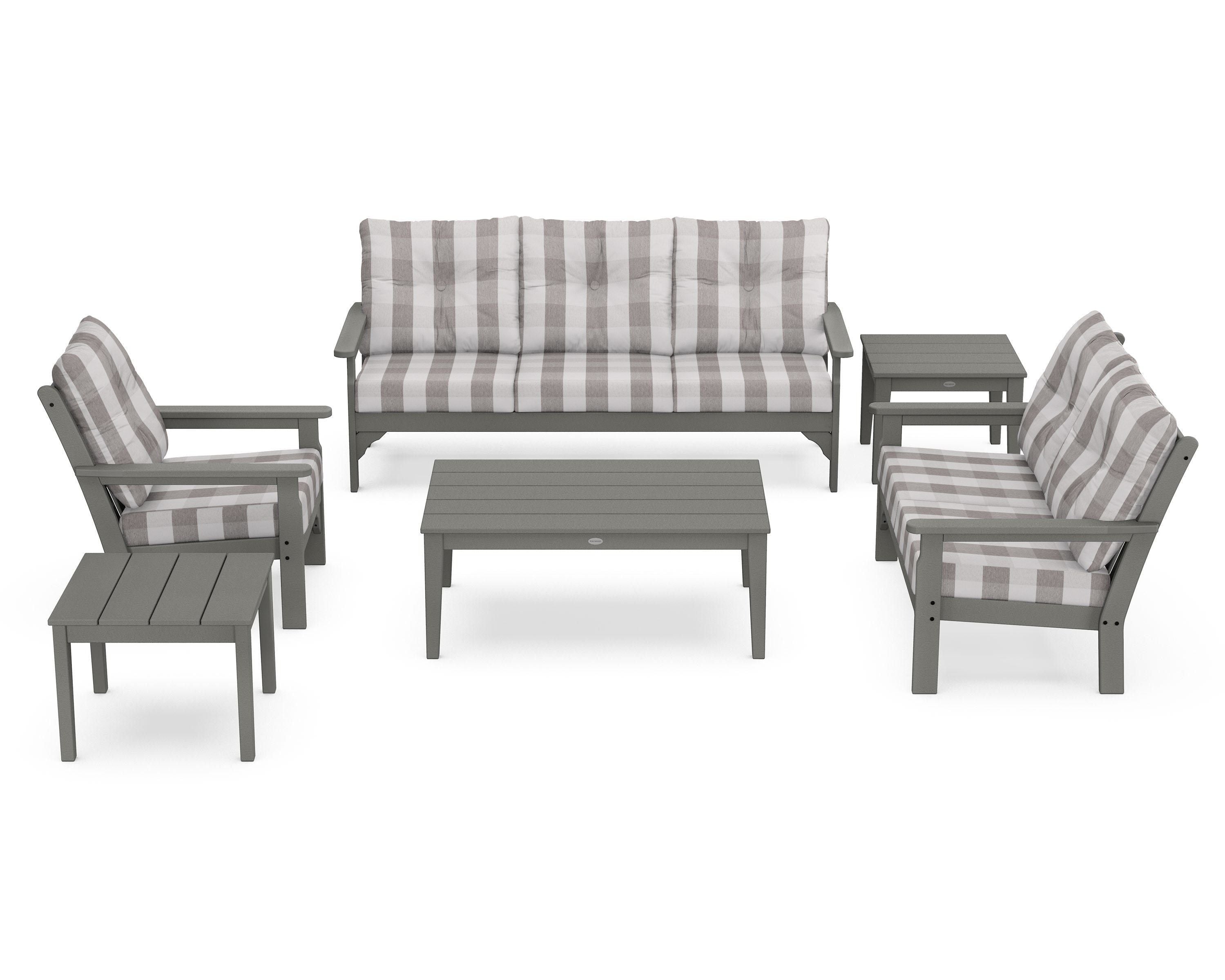 POLYWOOD® Vineyard 6-Piece Deep Seating Set in Slate Grey / Buffalo Plaid Grey Mist