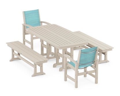 POLYWOOD® Coastal 5-Piece Dining Set in Sand / Dupioni Aquamarine Sling