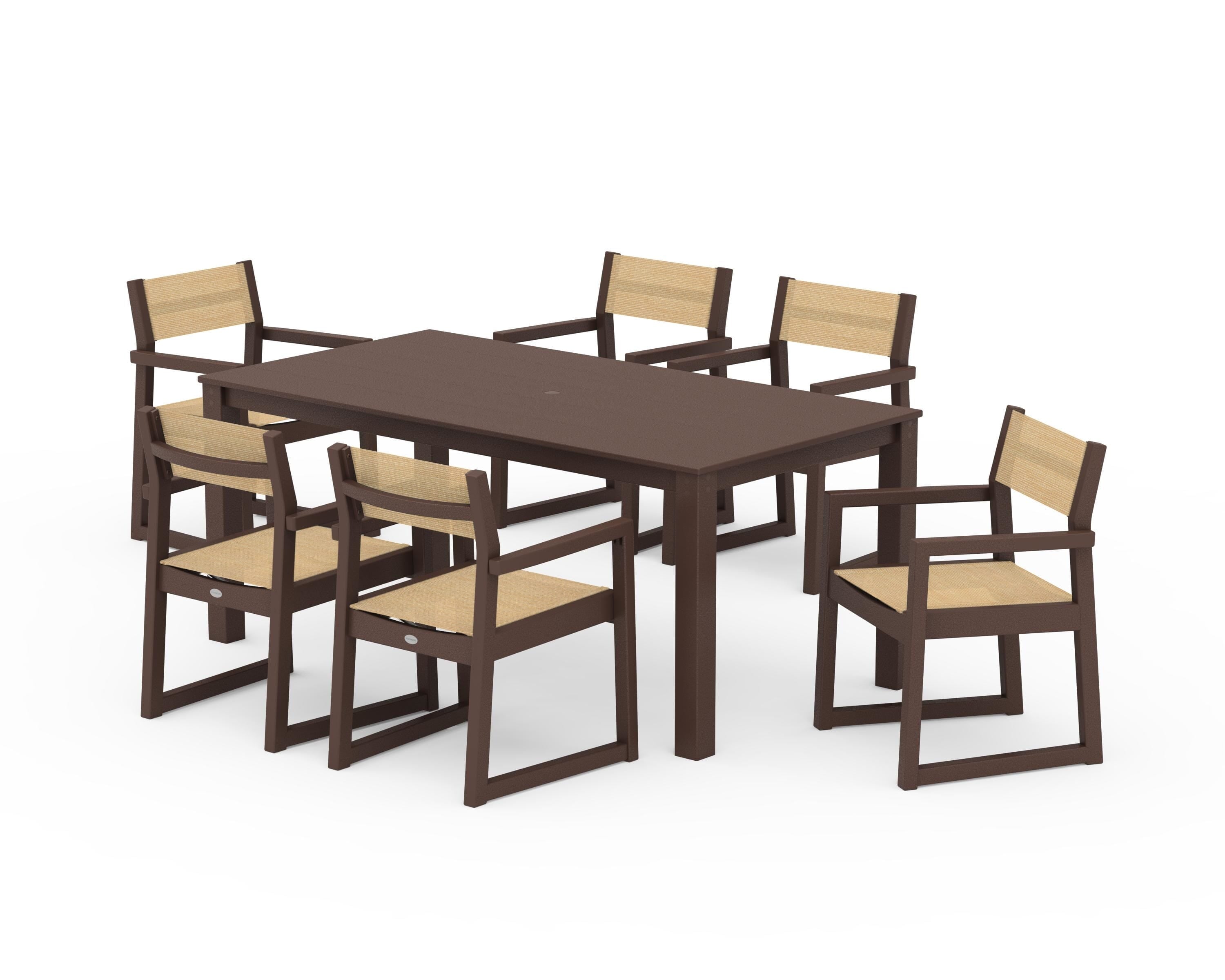 POLYWOOD® EDGE Sling Arm Chair 7-Piece Parsons Dining Set in Mahogany / Dupioni Apricot Sling