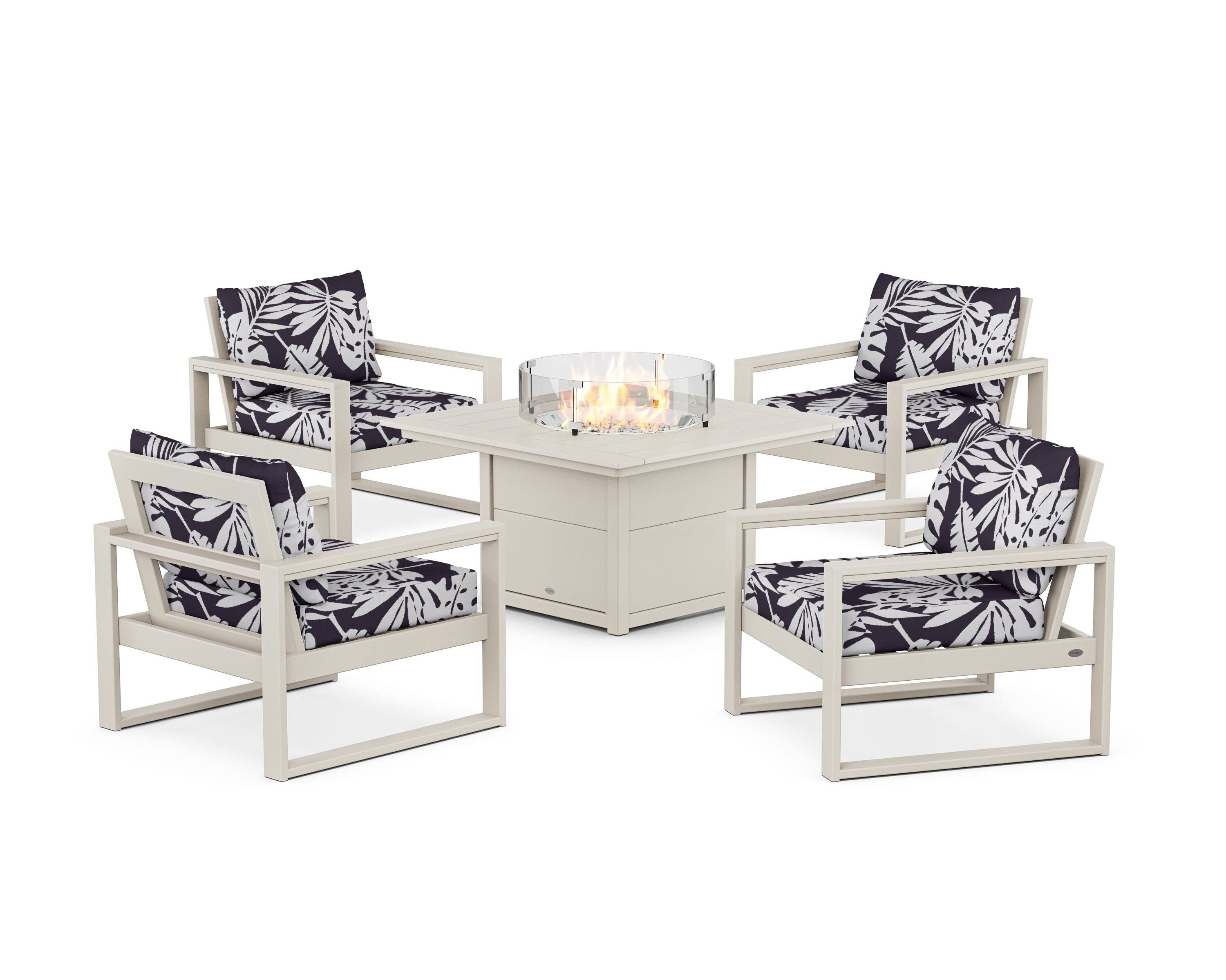 POLYWOOD® EDGE Sectional 5-Piece Deep Seating Set with Fire Pit Table in Sand / Leaf Navy