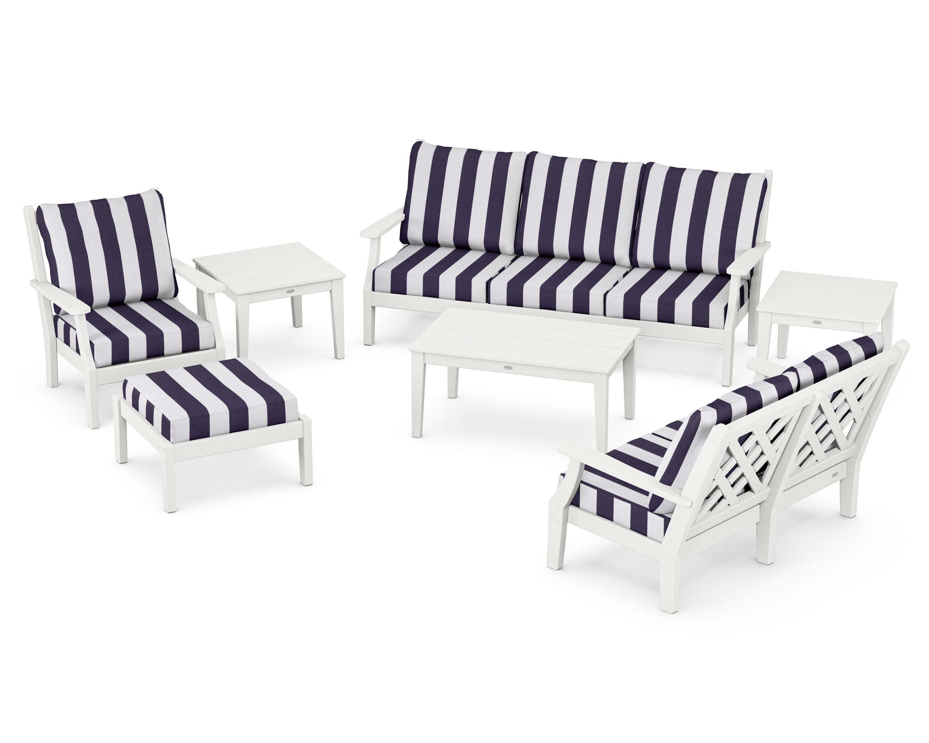 Country Living Wovendale 7-Piece Deep Seating Set in White / Cabana Stripe Navy