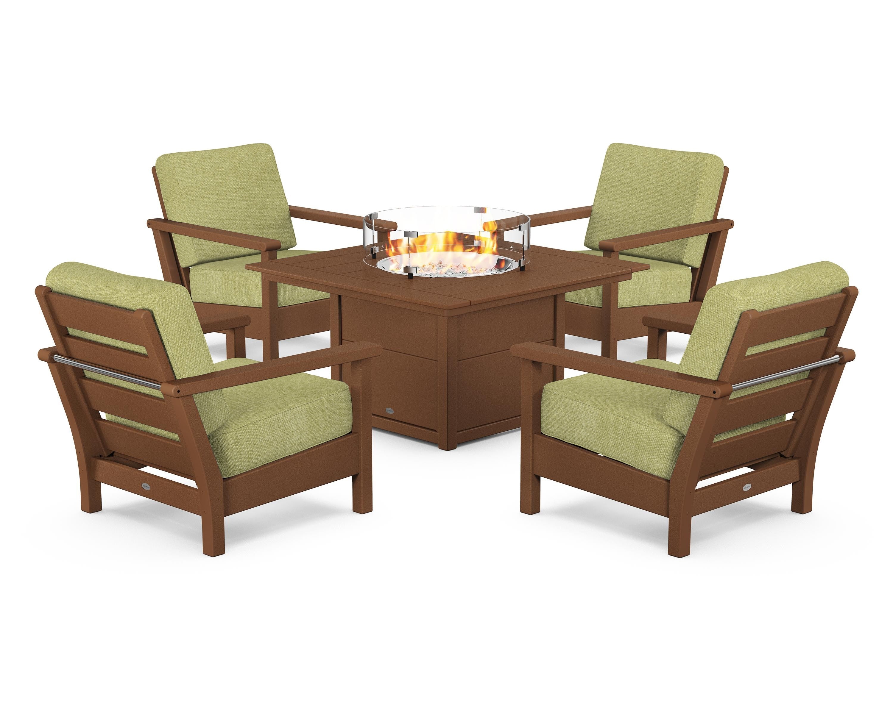 POLYWOOD® Harbour 5-Piece Conversation Set with Fire Pit Table in Teak / Chartreuse Boucle