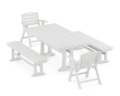POLYWOOD® Nautical Folding Lowback Chair 5-Piece Farmhouse Dining Set With Trestle Legs in White