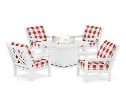 POLYWOOD® Chippendale 5-Piece Deep Seating Set with Fire Pit Table in White / Buffalo Plaid Crimson