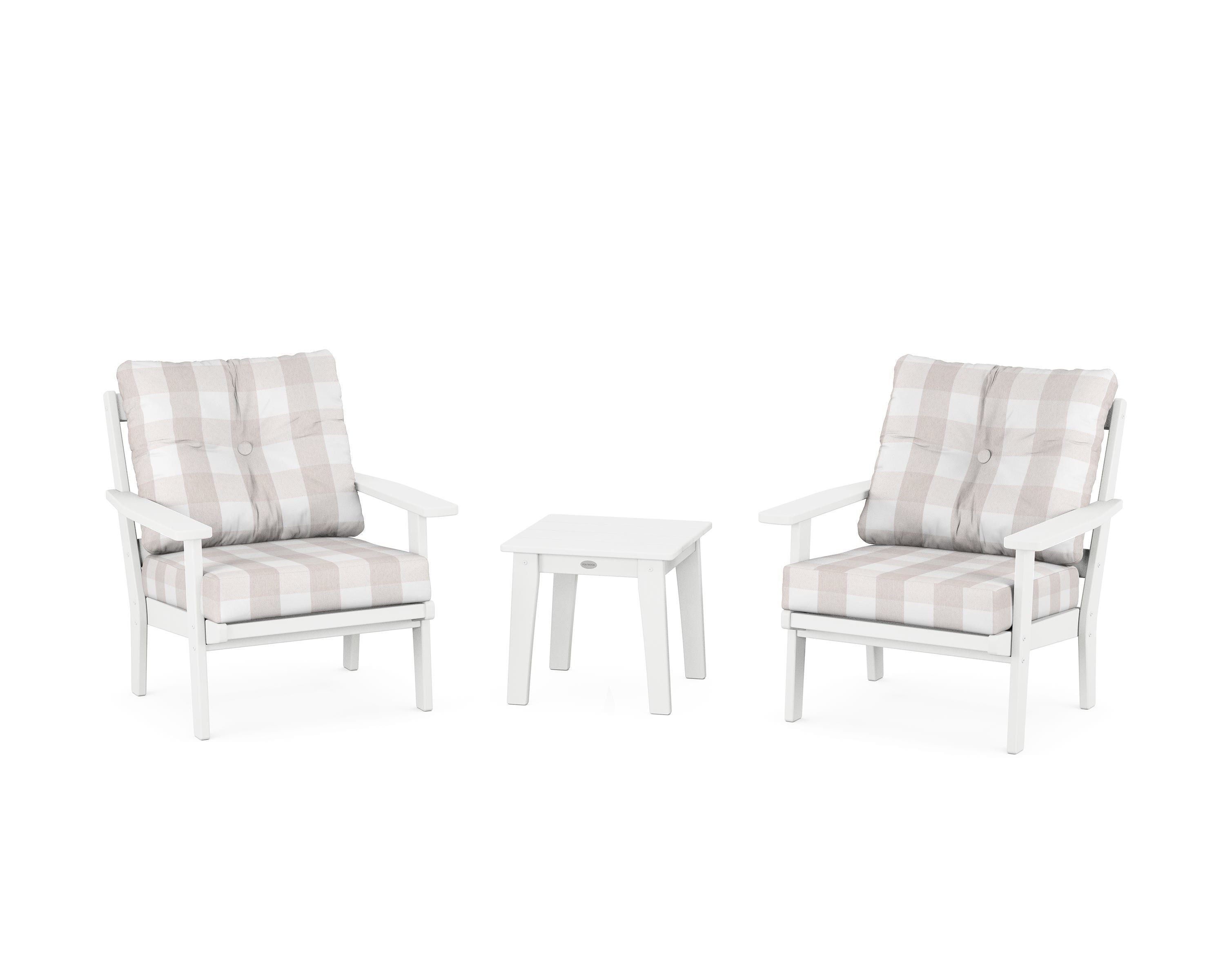 POLYWOOD® Oxford 3-Piece Deep Seating Set in White / Buffalo Plaid Dune Burlap