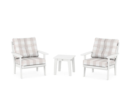 POLYWOOD® Oxford 3-Piece Deep Seating Set in White / Buffalo Plaid Dune Burlap