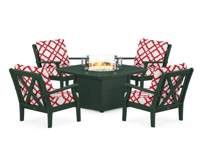 POLYWOOD® Braxton 5-Piece Deep Seating Conversation Set with Fire Pit Table in Green / Trellis Crimson
