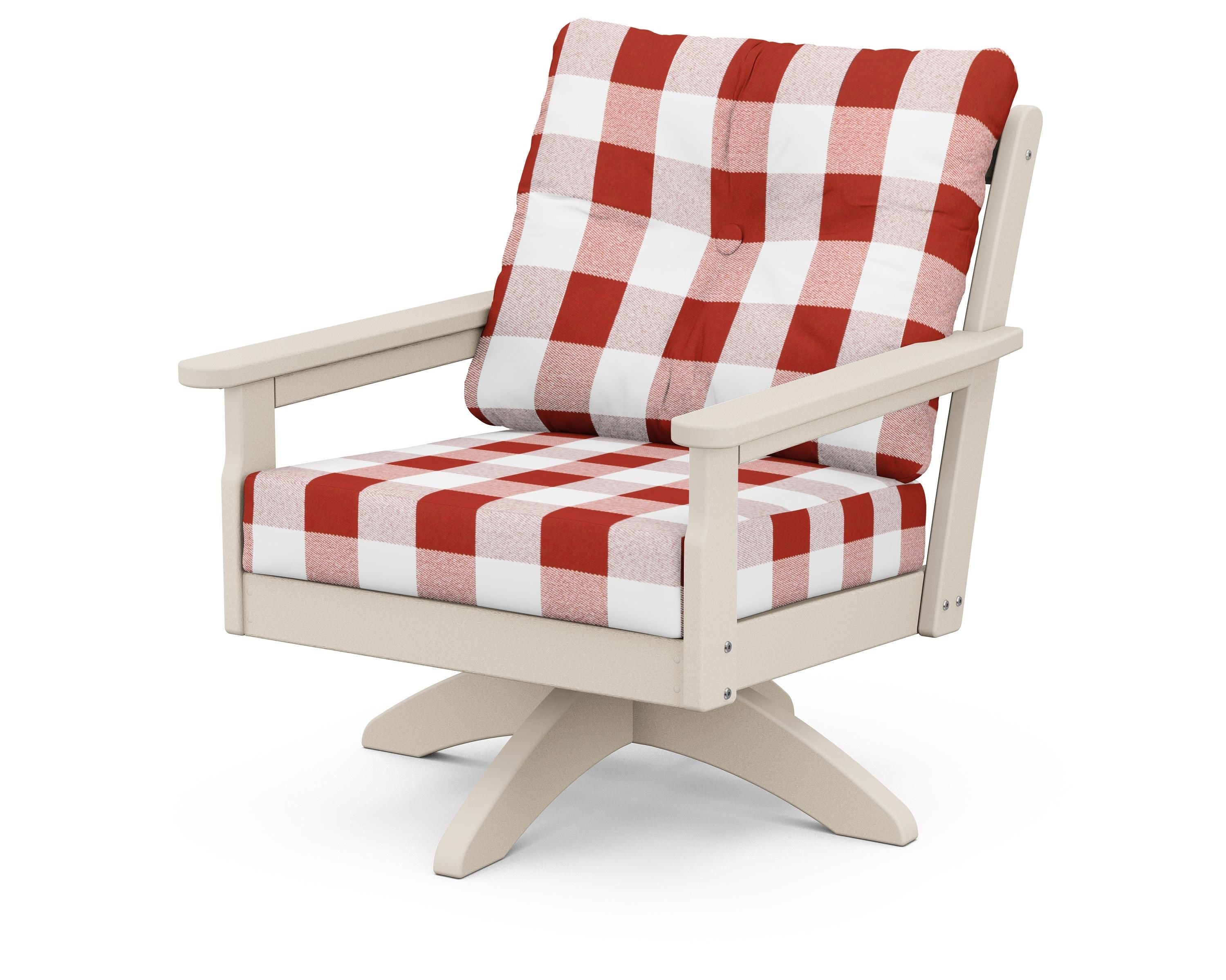 POLYWOOD® Vineyard Deep Seating Swivel Chair in Sand / Buffalo Plaid Crimson
